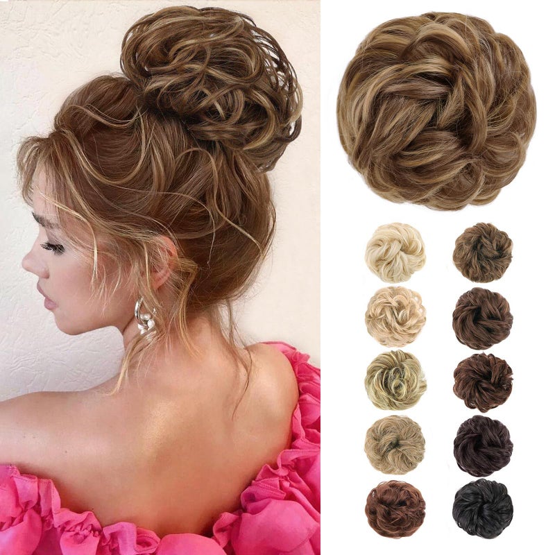 MORICA 1PCS Messy Hair Bun Hair Scrunchies Extension Curly Wavy Messy Bun Synthetic Chignon Hairpieces for Women Strawberry Blonde  Light Ash Brown