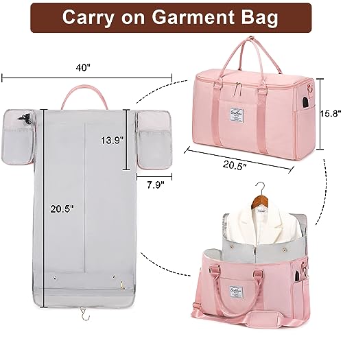 Scothen Carry On Garment Bag,Large Nylon Duffle Bag for Women,Waterproof Garment Bags for Travel with Toiletry & Shoe bag,2 in 1 Hanging Suitcase Suit Travel Bags with USB Charging Port,Gifts for Women,Pink - Image 2
