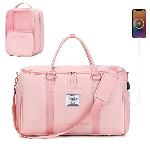 Scothen Carry On Garment Bag,Large Nylon Duffle Bag for Women,Waterproof Garment Bags for Travel with Toiletry & Shoe bag,2 in 1 Hanging Suitcase Suit Travel Bags with USB Charging Port,Gifts for Women,Pink - Image 1