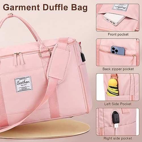 Scothen Carry On Garment Bag,Large Nylon Duffle Bag for Women,Waterproof Garment Bags for Travel with Toiletry & Shoe bag,2 in 1 Hanging Suitcase Suit Travel Bags with USB Charging Port,Gifts for Women,Pink - Image 4