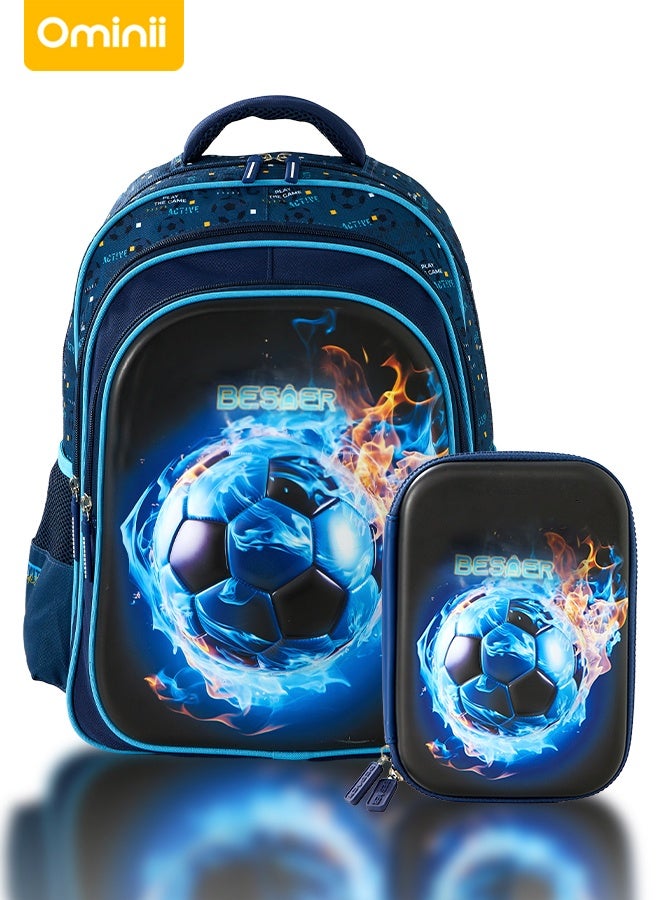 Ominii 2 PCS Kids Soccer Backpack Set â€“ Lightweight Waterproof School Bag with Matching Pencil Case, Fireball Design, for Boys Ages 6â€“12 - Image 1