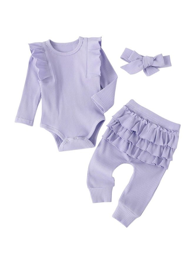 Fullfamous Baby Girl's 3pc Rib Frill Long Sleeve Romper and Pant Set, Lavender, New Born - Image 1