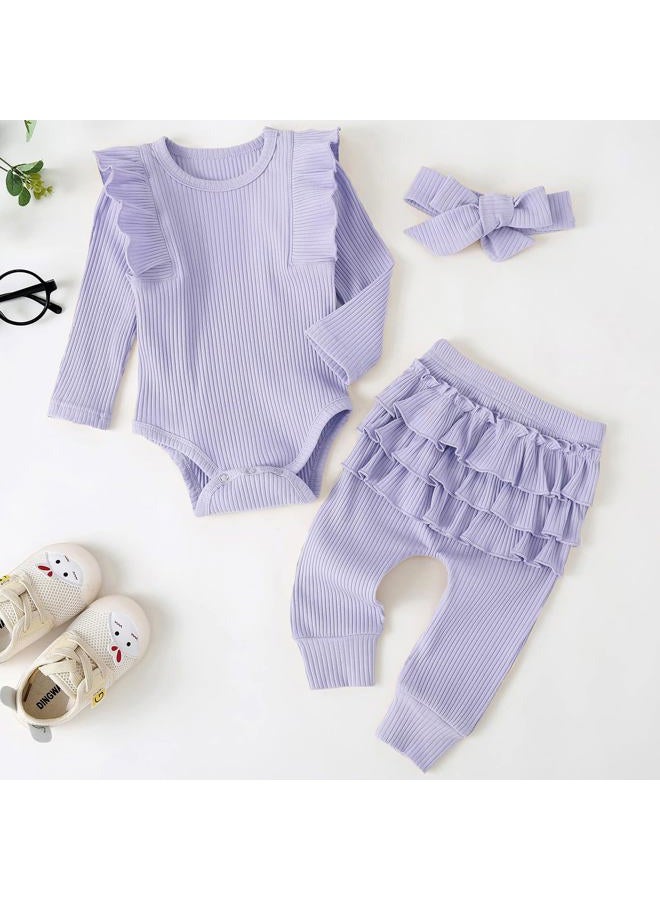 Fullfamous Baby Girl's 3pc Rib Frill Long Sleeve Romper and Pant Set, Lavender, New Born - Image 2