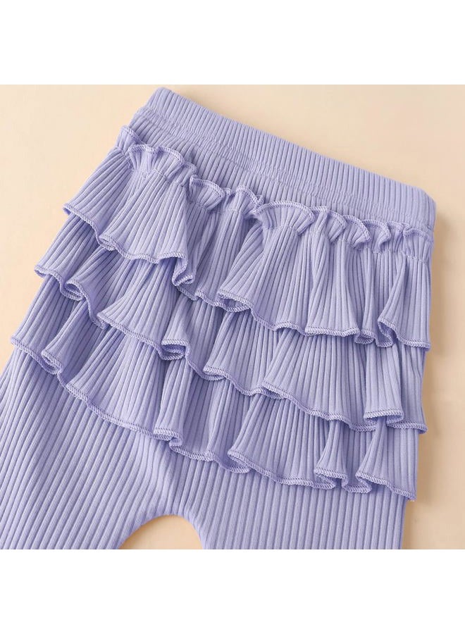 Fullfamous Baby Girl's 3pc Rib Frill Long Sleeve Romper and Pant Set, Lavender, New Born - Image 5