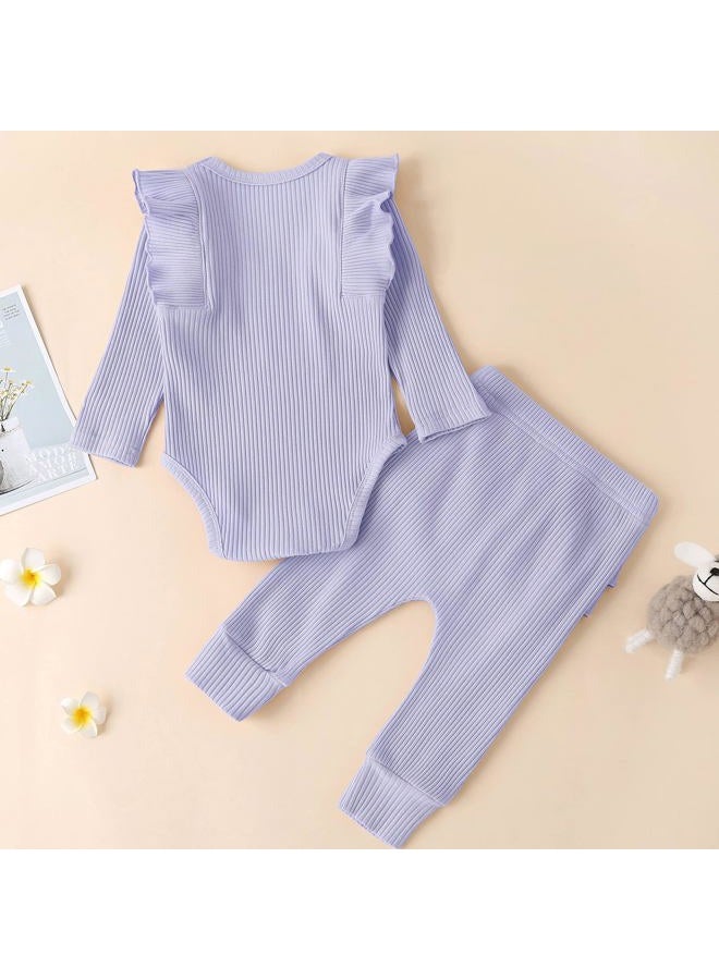 Fullfamous Baby Girl's 3pc Rib Frill Long Sleeve Romper and Pant Set, Lavender, New Born - Image 3