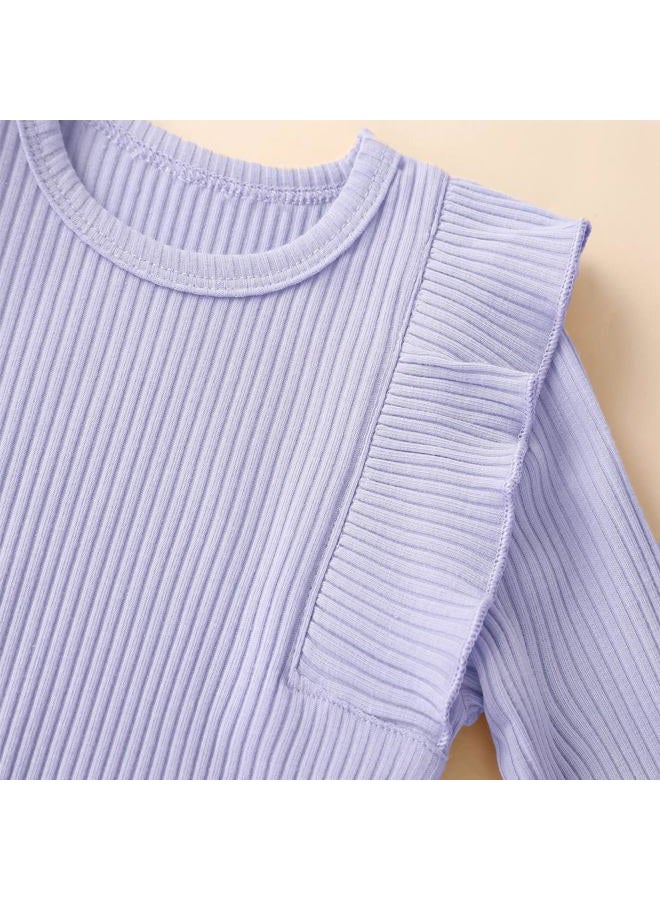 Fullfamous Baby Girl's 3pc Rib Frill Long Sleeve Romper and Pant Set, Lavender, New Born - Image 4