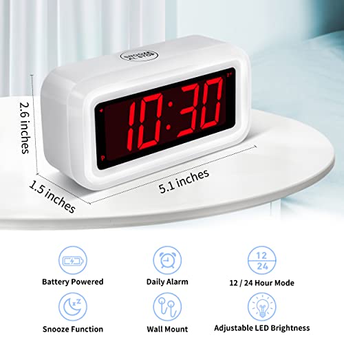 KWANWA Alarm Clock, Digital Clock, Auto Night-Mode, 3-Level Led Brightness, Battery Powered, 12/24Hr, 1.2'' Red Digits Display, Simple Alarm Clock for Kids Adults Girls Boys, Easy to Set, Easy to Read - Image 2