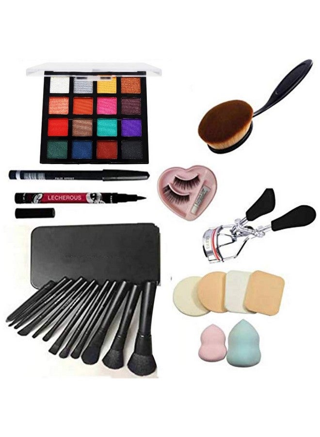 adbeni Face Makeup Combo Of Makeup Brush Pack Of 7Pc With Eyelashes, Eyelash Curler, Foundation Brush, Sketch Eyeliner And 6 In1 Makeup Sponge With Beauty Blender (8 Items In The Set) - Image 1