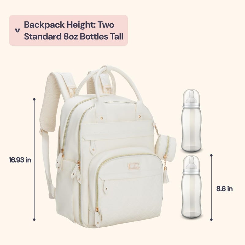 BabbleRoo حقيبة ظهر من جلد بابيلرو - حقيبة سفر أساسية للأطفال، متعددة الوظائف، مقاومة للماء، مع وسادة تغيير، أحزمة عربة الأطفال وحافظة مصاصة - للجنسين، بيضاء بيضوية - Image 2