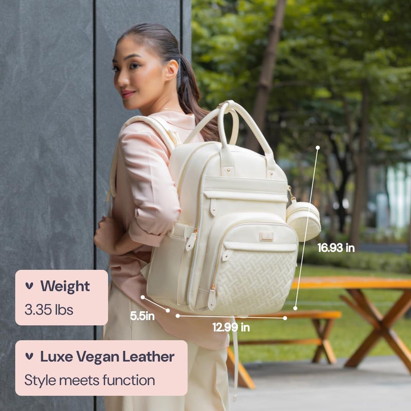 BabbleRoo حقيبة ظهر من جلد بابيلرو - حقيبة سفر أساسية للأطفال، متعددة الوظائف، مقاومة للماء، مع وسادة تغيير، أحزمة عربة الأطفال وحافظة مصاصة - للجنسين، بيضاء بيضوية - Image 3