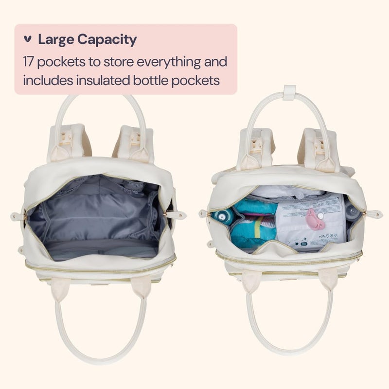 BabbleRoo حقيبة ظهر من جلد بابيلرو - حقيبة سفر أساسية للأطفال، متعددة الوظائف، مقاومة للماء، مع وسادة تغيير، أحزمة عربة الأطفال وحافظة مصاصة - للجنسين، بيضاء بيضوية - Image 4