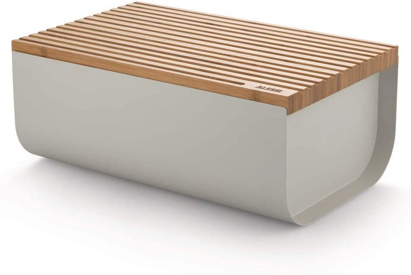 Alessi BG03 WG Mattina Bread Box in Steel Coloured with epoxy Resin, Warm Grey with Cutting Board in Bamboo Wood - Image 1