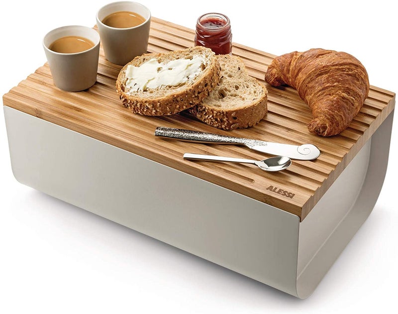 Alessi BG03 WG Mattina Bread Box in Steel Coloured with epoxy Resin, Warm Grey with Cutting Board in Bamboo Wood - Image 3