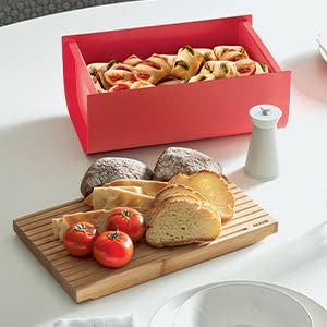Alessi BG03 WG Mattina Bread Box in Steel Coloured with epoxy Resin, Warm Grey with Cutting Board in Bamboo Wood - Image 2