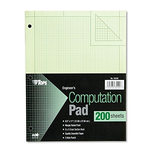TOPS Engineering Computation Pad 812 x 11 Glue Top 5 x 5 Graph Rule on Back Green Tint Paper 3Hole Punched 200 Sheets 35502