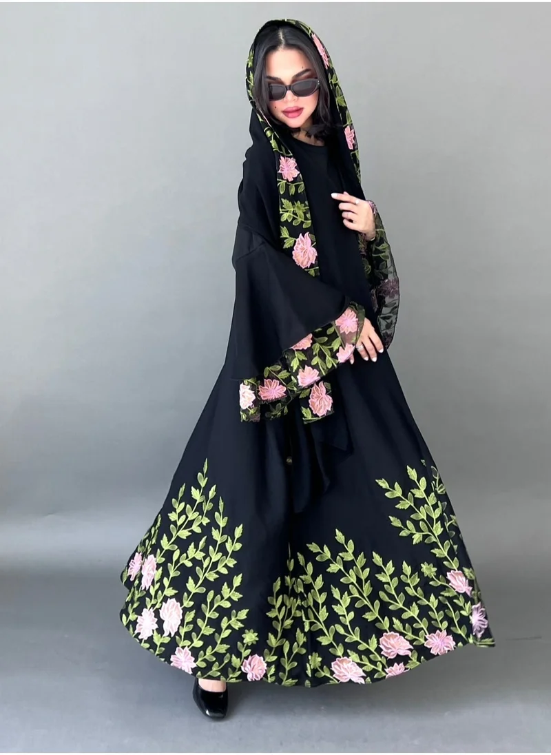Lusin Abaya Black Abaya with Colorful Embroidery and Embroidered Tulle Sleeves