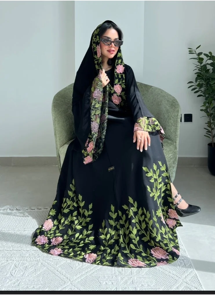 Lusin Abaya Black Abaya with Colorful Embroidery and Embroidered Tulle Sleeves