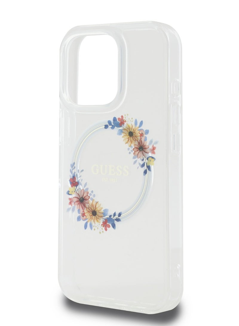 GUESS iPhone 16 Pro Magsafe Case IML Hard Cover with Flower Wreath Design / Drop protection / Lightweight back Cover / Comfortable Grip  - Transparent - Image 4