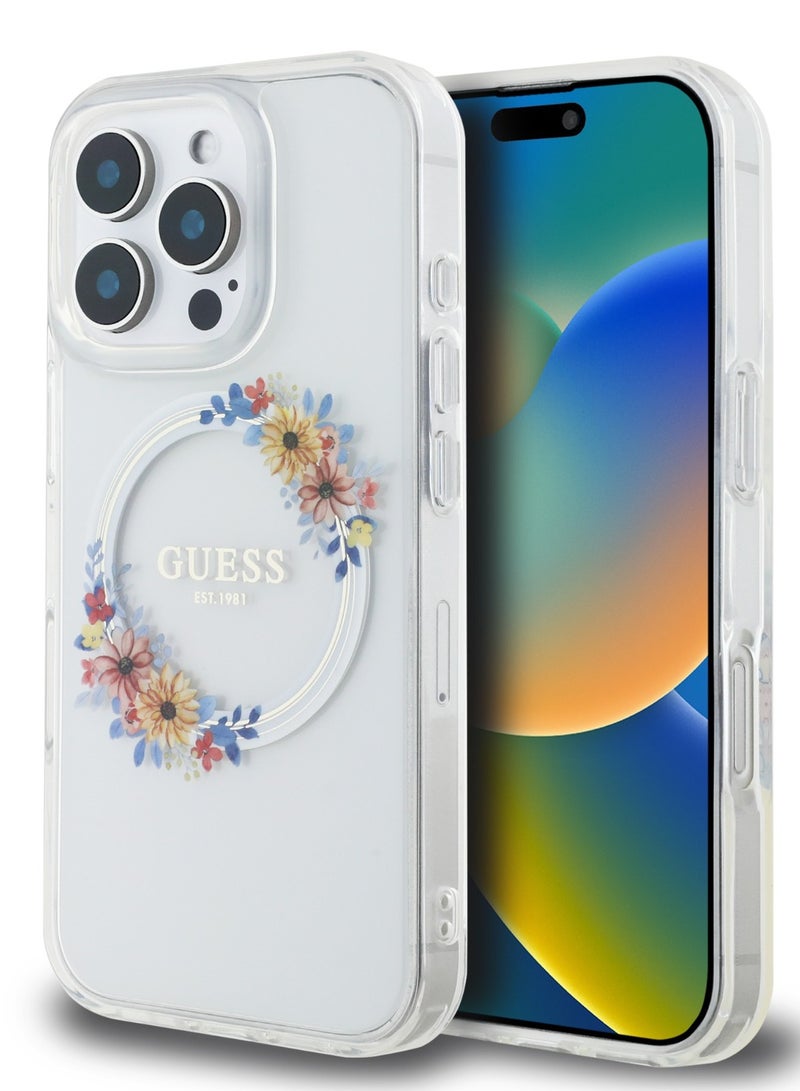 GUESS iPhone 16 Pro Magsafe Case IML Hard Cover with Flower Wreath Design / Drop protection / Lightweight back Cover / Comfortable Grip  - Transparent - Image 5