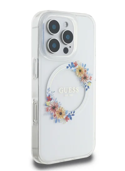 GUESS iPhone 16 Pro Magsafe Case IML Hard Cover with Flower Wreath Design / Drop protection / Lightweight back Cover / Comfortable Grip  - Transparent
