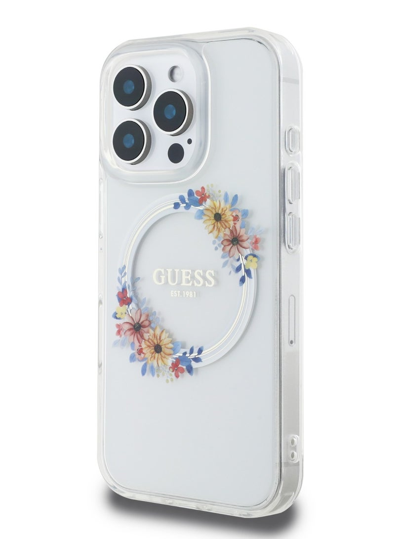 GUESS iPhone 16 Pro Magsafe Case IML Hard Cover with Flower Wreath Design / Drop protection / Lightweight back Cover / Comfortable Grip  - Transparent - Image 3