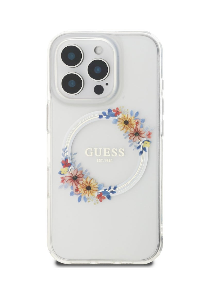 GUESS iPhone 16 Pro Magsafe Case IML Hard Cover with Flower Wreath Design / Drop protection / Lightweight back Cover / Comfortable Grip  - Transparent - Image 2