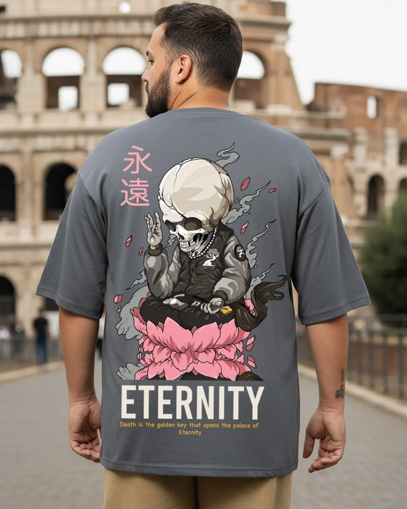 بيواكوف Men's Dark Shadow Grey Eternity Graphic Printed Oversized Plus Size T-shirt