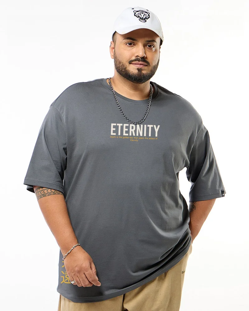 بيواكوف Men's Dark Shadow Grey Eternity Graphic Printed Oversized Plus Size T-shirt