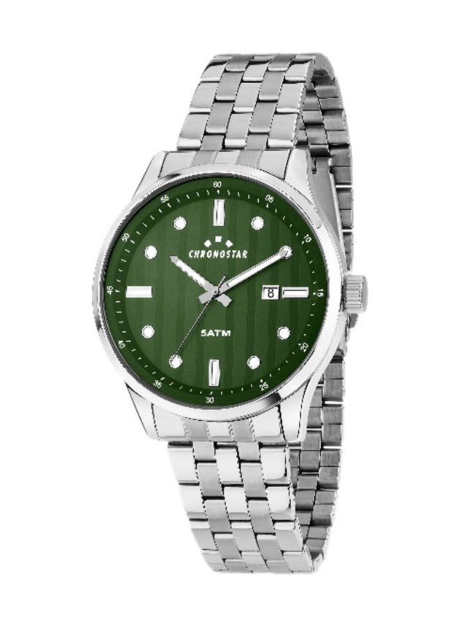 Chronostar Men's Green Round Analog Dial with Silver Stainless Steel Band Watch - 43.5mm - R3753321001 - Image 1