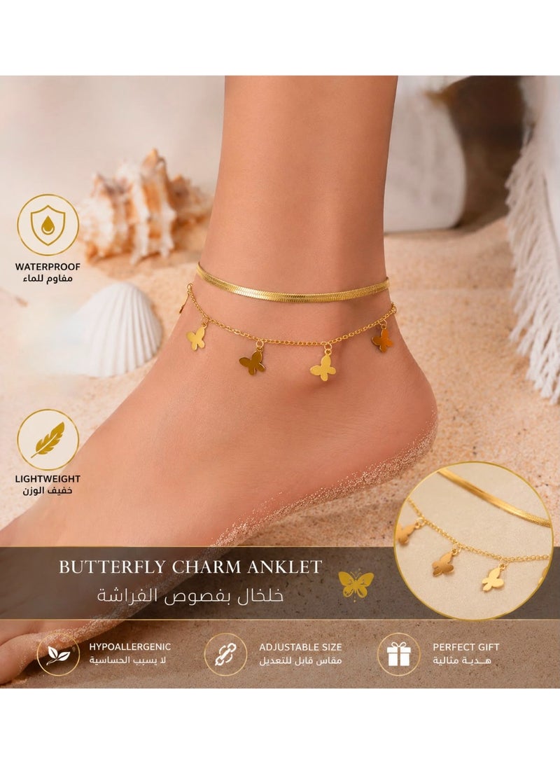 خلخال نسائي ستانلس ستيل بتصميم فراشات مزدوج – لون ذهبي – مقاوم للماء والصدأ وتغير اللون – مقاس قابل للتعديل - Image 1