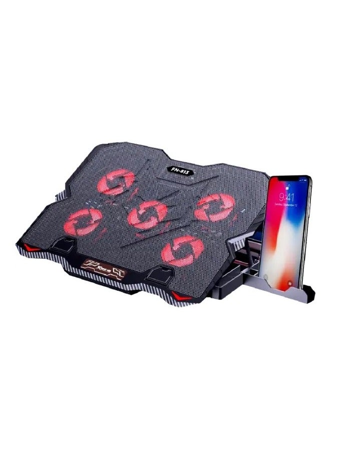 إكسترايك-مي FN813 حامل تبريد للكمبيوتر المحمول – 5 مراوح مضىء حمراء – 2 منافذ يو اس بي – حامل موبايل – يدعم حتى 16 بوصة - Image 1