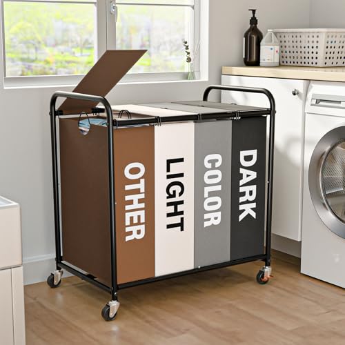 Olldide Laundry Sorter 4 Sections 48 Gal, Rolling Laundry Basket with Lockable Wheels and Lid, Laundry Hamper with 4 Separated Removable Bags Dirty Clothes Hamper for Laundry Room, Multicolor - Image 1