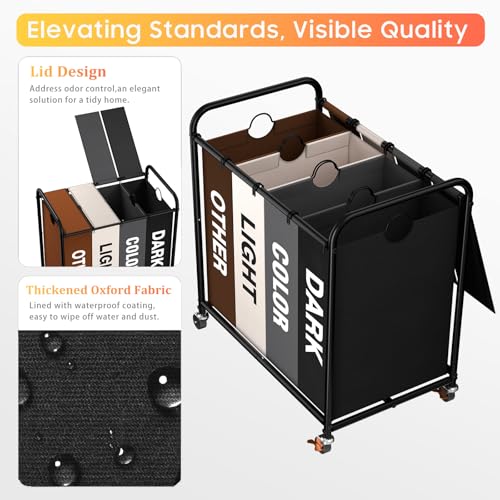 Olldide Laundry Sorter 4 Sections 48 Gal, Rolling Laundry Basket with Lockable Wheels and Lid, Laundry Hamper with 4 Separated Removable Bags Dirty Clothes Hamper for Laundry Room, Multicolor - Image 3