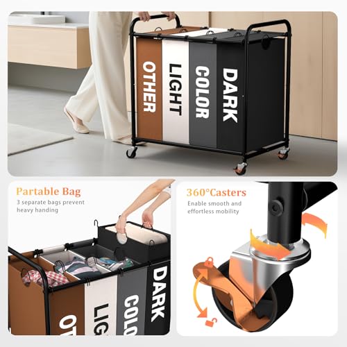 Olldide Laundry Sorter 4 Sections 48 Gal, Rolling Laundry Basket with Lockable Wheels and Lid, Laundry Hamper with 4 Separated Removable Bags Dirty Clothes Hamper for Laundry Room, Multicolor - Image 5