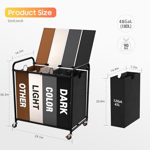 Olldide Laundry Sorter 4 Sections 48 Gal, Rolling Laundry Basket with Lockable Wheels and Lid, Laundry Hamper with 4 Separated Removable Bags Dirty Clothes Hamper for Laundry Room, Multicolor - Image 2