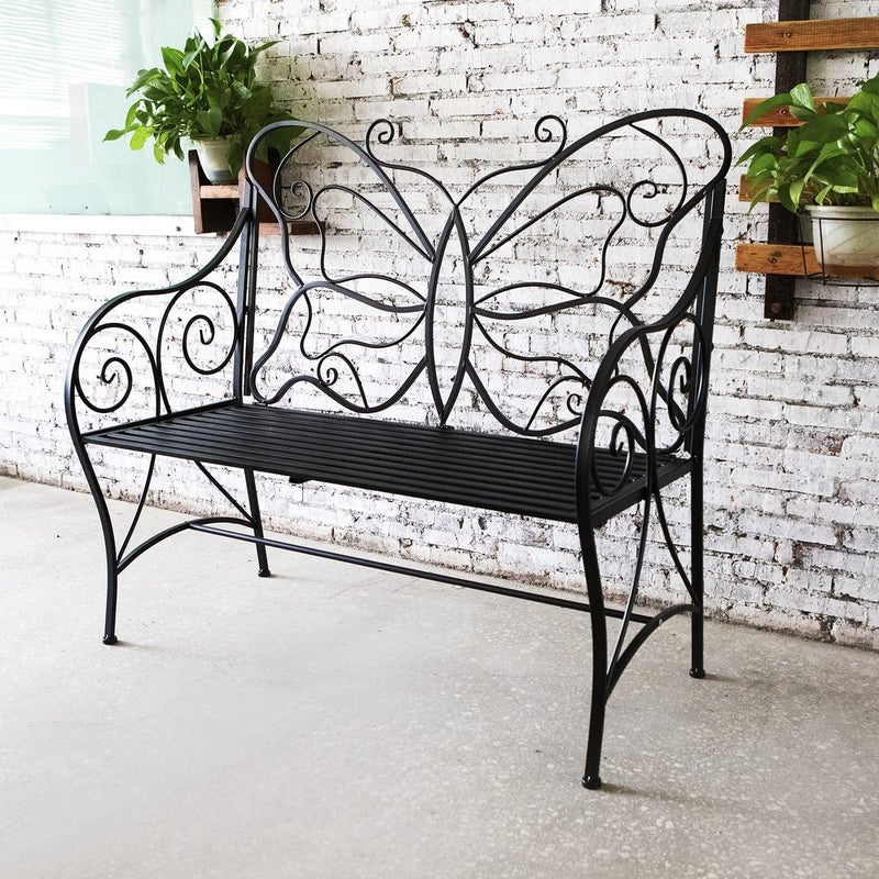 HLC Outdoor Bench Patio Outdoor Sturdy RustResistant Garden Bench Butterfly Cast Iron Metal with Armrests for Garden ParkYard Patio Porch Lawn Double Seats Black