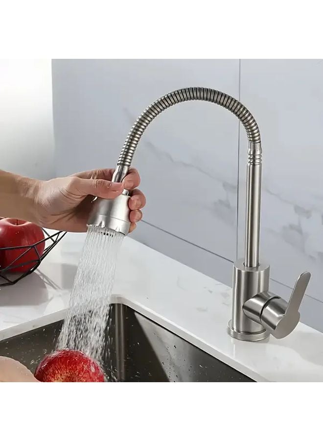 Single Hole Brushed Stainless Steel Kitchen Faucet Hot Cold Water Rotary Swivel Spout - Image 1