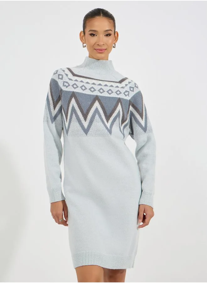 Styli Printed Panel Sweater Knee Length Dress