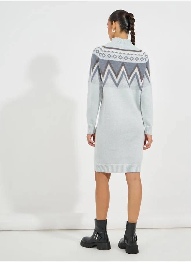 Styli Printed Panel Sweater Knee Length Dress