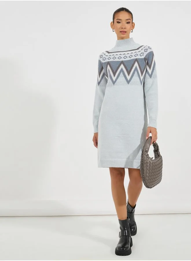 Styli Printed Panel Sweater Knee Length Dress
