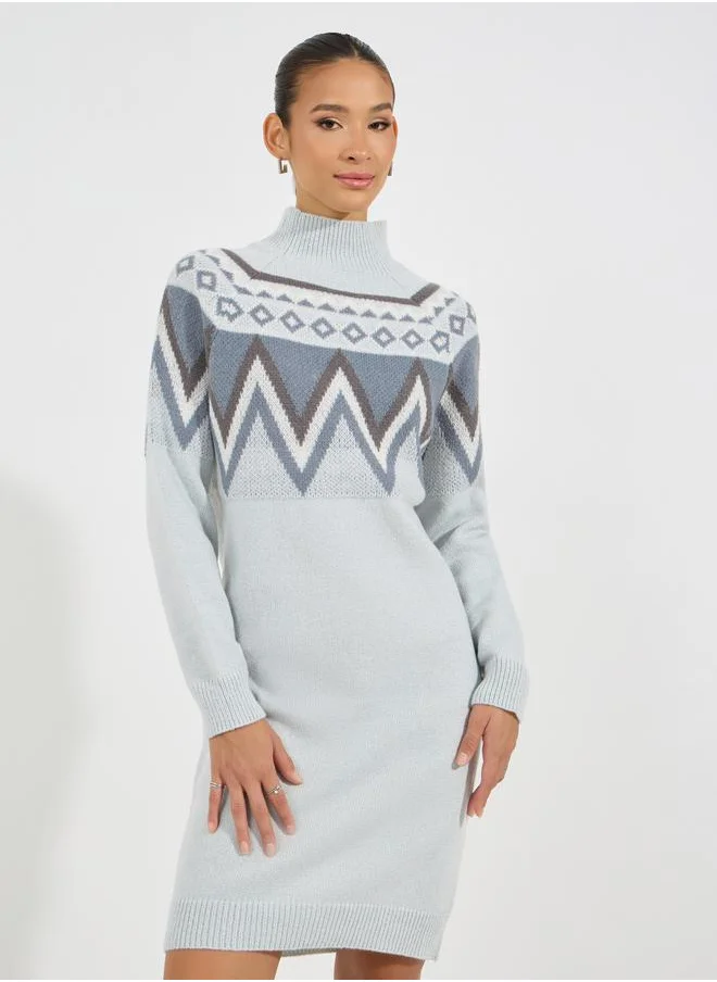 Styli Printed Panel Sweater Knee Length Dress