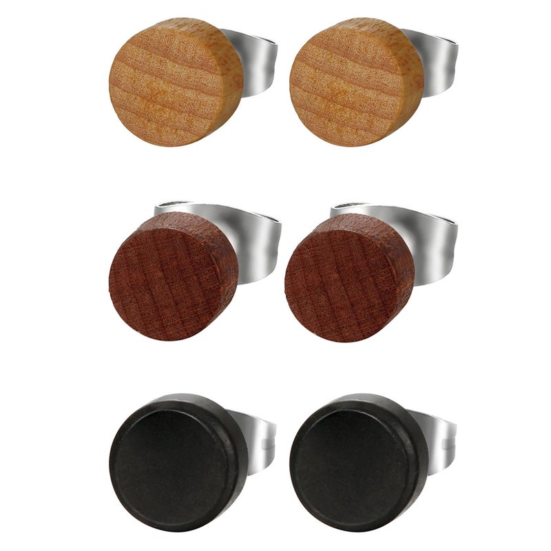 Cupimatch 3Pairs 3mm-12mm Screw Brown Stud Earrings Mens Wooden earrings Stainless Steel Cheater Fake Ear Plugs Gauges Illusion Tunnel for Christmas - Image 1