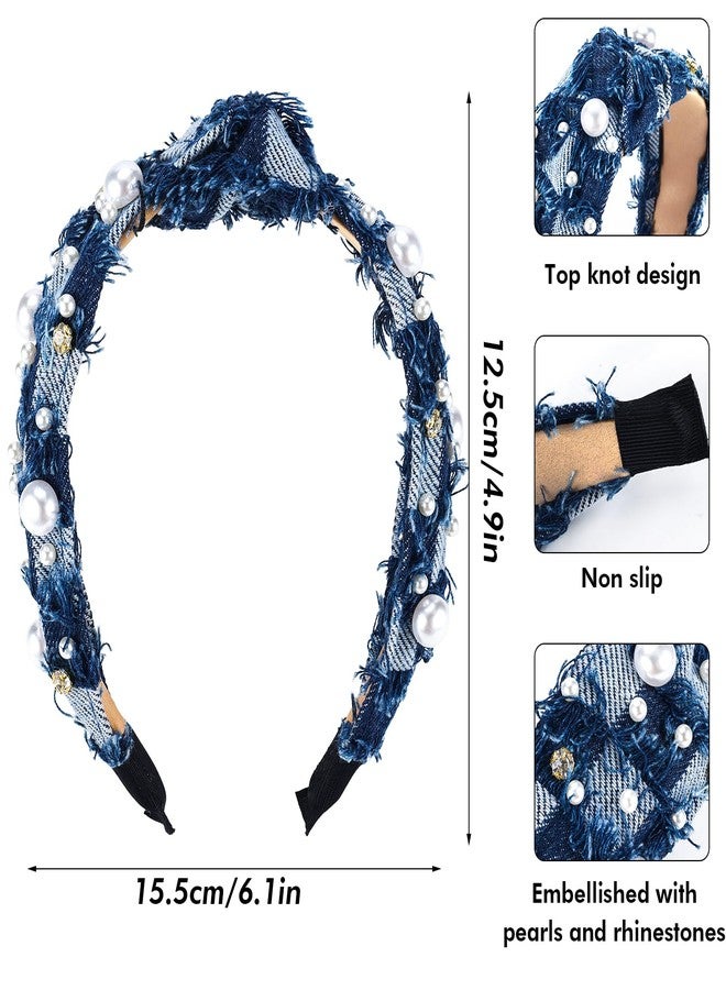 PLwelth Denim Pearl Headband for Women Girls Kids Knotted Headband Sparkle Rhinestone Jeweled Knotted Hairband Non Slip Embellished Wide Top Knot Hairband for Thin Thick Long Short Hair Accessories - Image 4