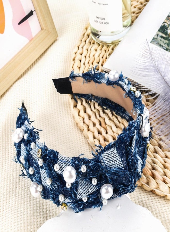 PLwelth Denim Pearl Headband for Women Girls Kids Knotted Headband Sparkle Rhinestone Jeweled Knotted Hairband Non Slip Embellished Wide Top Knot Hairband for Thin Thick Long Short Hair Accessories - Image 2