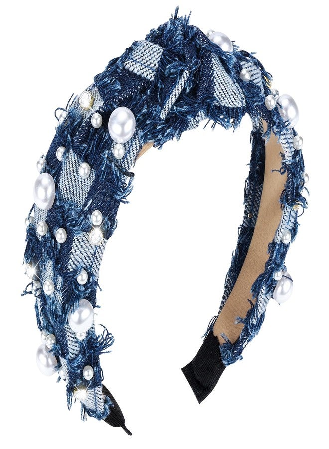PLwelth Denim Pearl Headband for Women Girls Kids Knotted Headband Sparkle Rhinestone Jeweled Knotted Hairband Non Slip Embellished Wide Top Knot Hairband for Thin Thick Long Short Hair Accessories - Image 1