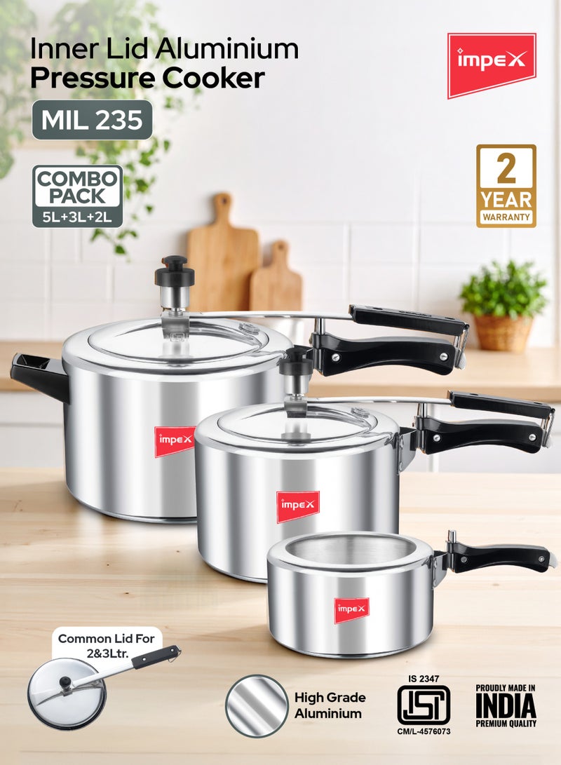 Impex Migo Aluminum Inner Lid Pressure Cooker Combo (2L + 3L + 5L) | Gas Stove Compatible | Anti-Bulge Base | Safety Valve & Pressure Indicator | For healthy cooking | MIL 235 - Image 2
