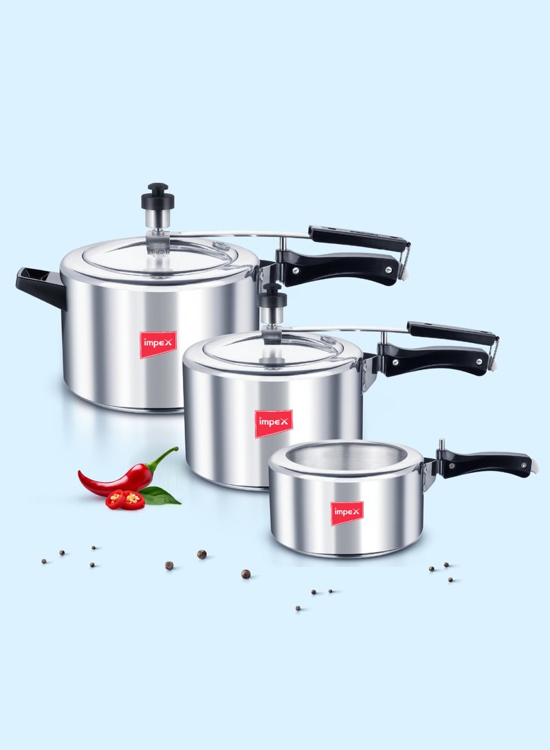 Impex Migo Aluminum Inner Lid Pressure Cooker Combo (2L + 3L + 5L) | Gas Stove Compatible | Anti-Bulge Base | Safety Valve & Pressure Indicator | For healthy cooking | MIL 235 - Image 1
