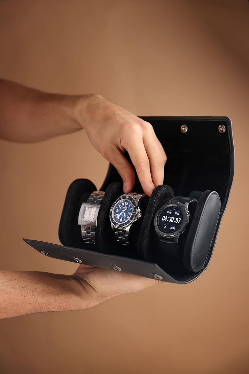 BROWN BEAR Genuine Leather Watch Box Organizer for Men and Women- 3 Watch Storage with Adjustable & Removable Pillows Black - Image 2