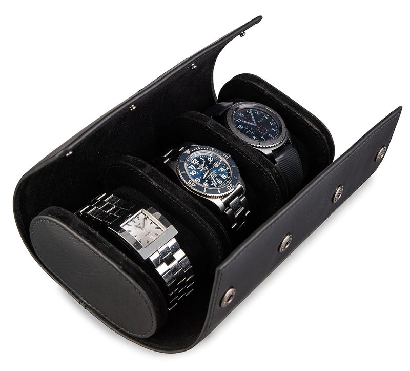 BROWN BEAR Genuine Leather Watch Box Organizer for Men and Women- 3 Watch Storage with Adjustable & Removable Pillows Black - Image 1