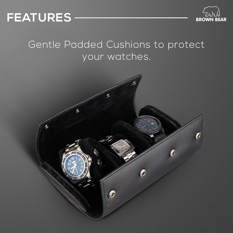 BROWN BEAR Genuine Leather Watch Box Organizer for Men and Women- 3 Watch Storage with Adjustable & Removable Pillows Black - Image 4
